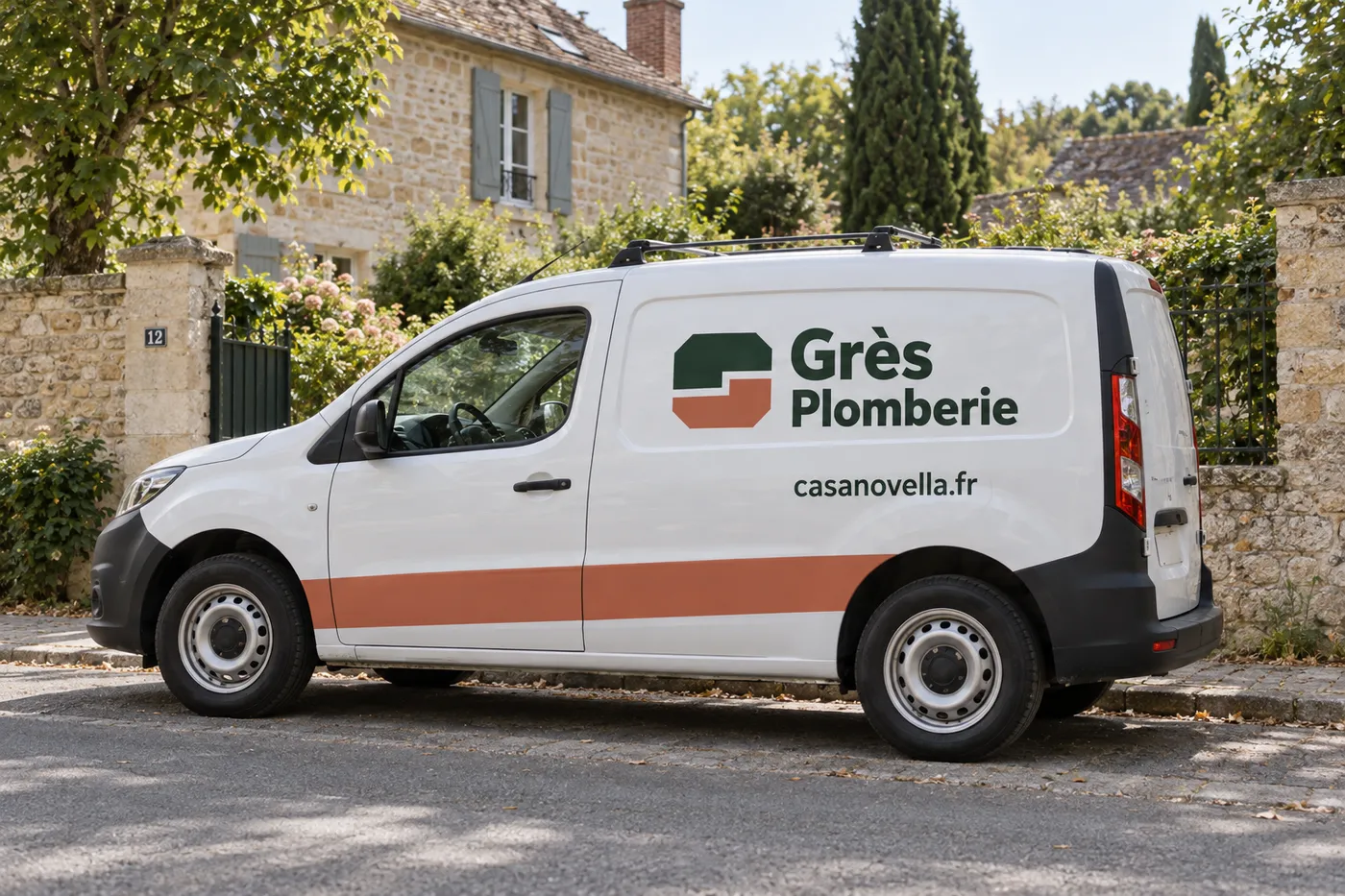 Camionnette blanche Grès Plomberie marquée casanovella.fr, garée dans une rue résidentielle
