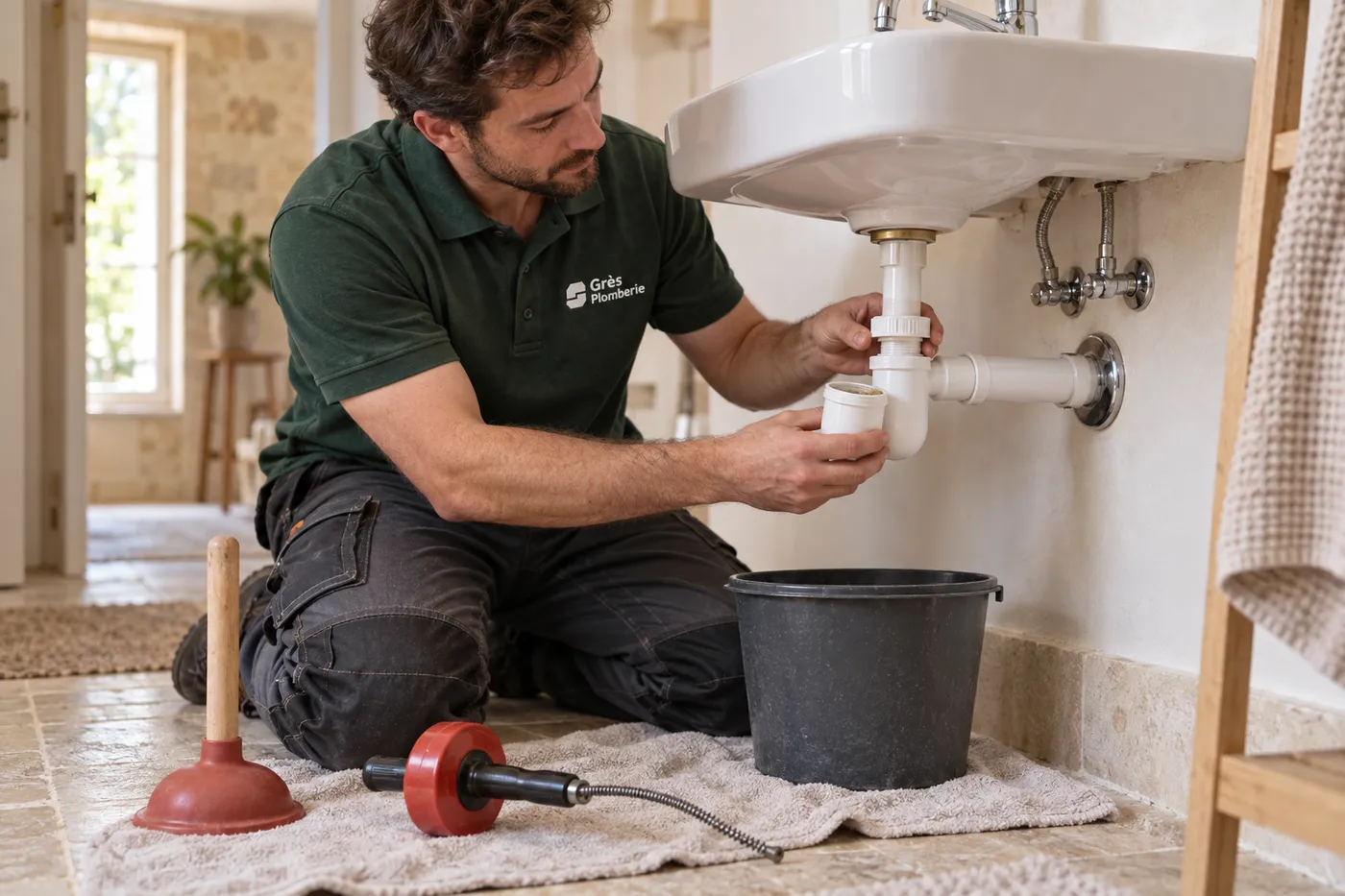 Plombier démontant et nettoyant le siphon d'un lavabo au-dessus d'un seau