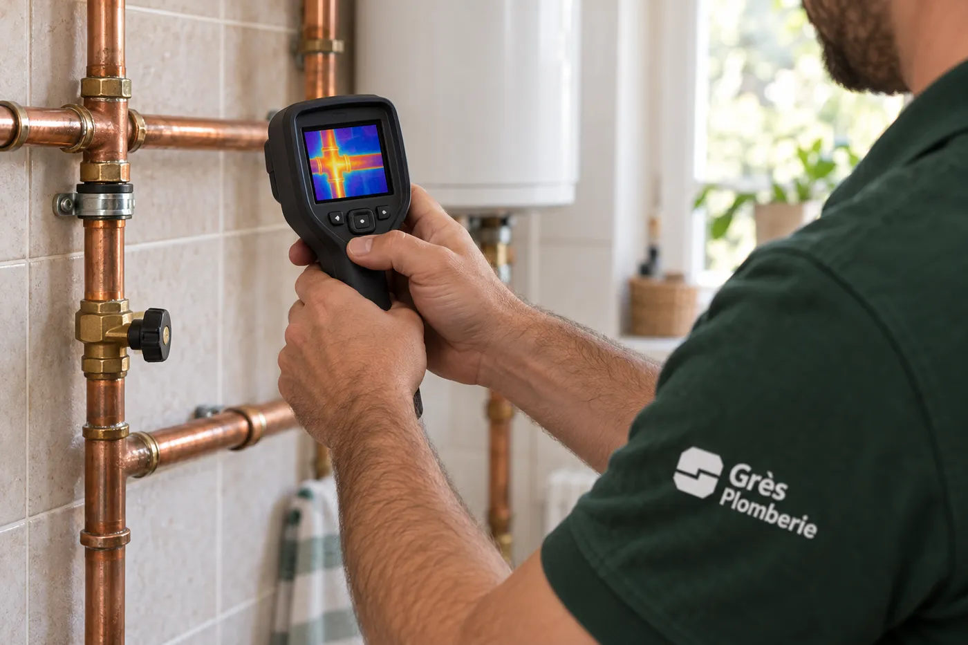 Plombier Grès Plomberie contrôlant des tuyaux en cuivre avec une caméra thermique pour localiser une fuite