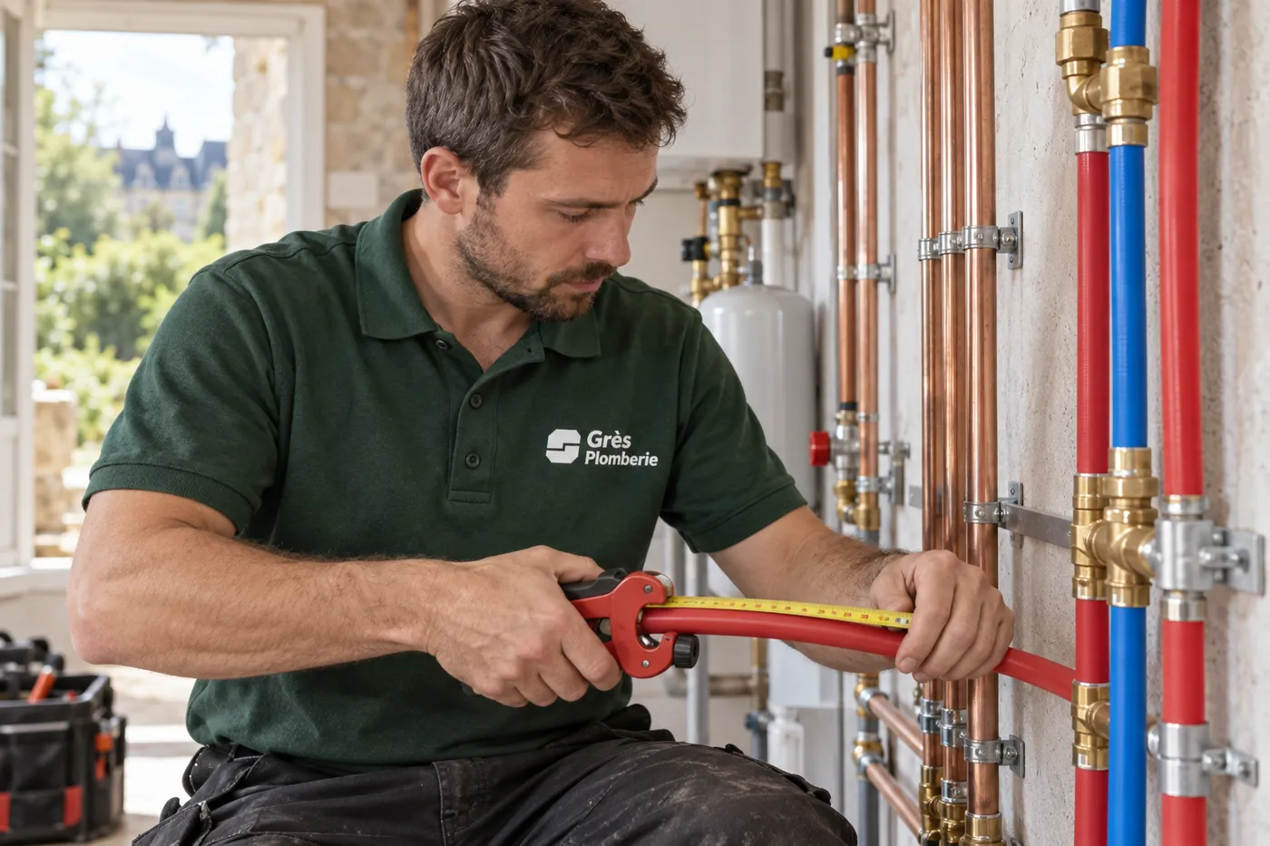 Plombier mesurant avant la coupe des tuyaux en cuivre et en PER fixés au mur d'une buanderie