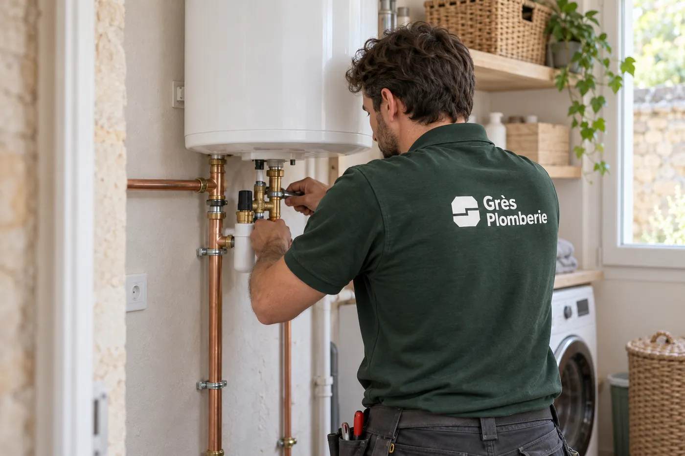 Plombier raccordant le groupe de sécurité et les tuyaux en cuivre d'un chauffe-eau électrique neuf